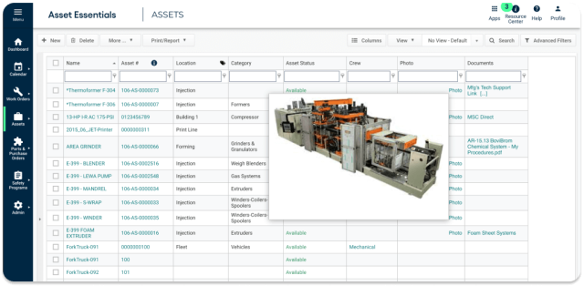 Screenshot of Asset Essentials Inventory screen showing asset data and pic of asset selected