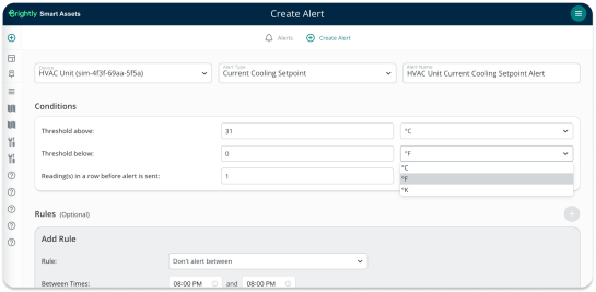 Screenshot of how Smart Assets can reduce downtime through customized threshold-based alerts on Smart Assets sensor data