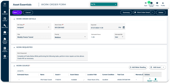 Screenshot of how Smart Assets can trigger the maintenance management flow in Asset Essentials to avoid asset failure by taking and recording corrective action.