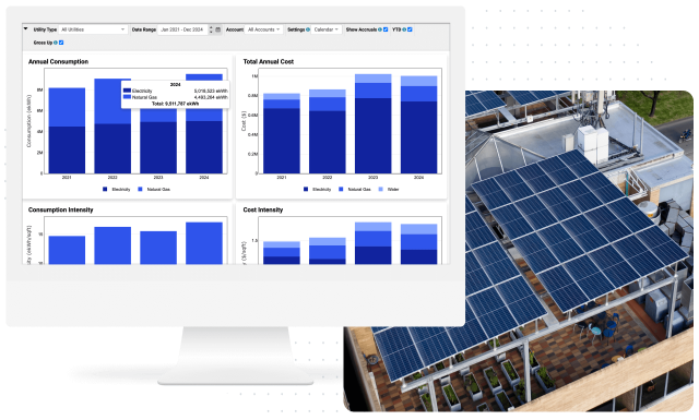 Screenshot of how Stream can help managers reduce utility consumption and costs, plan and disclose their energy and carbon performance, and achieve green build excellence via third-party recognition