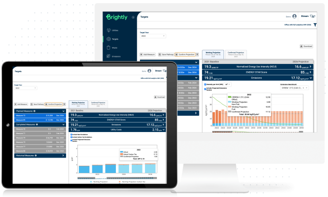 Screenshots of how using the Zero-Carbon Targets module, you can define carbon reduction opportunities, analyze their efficacy, activate the selected strategies, track their performance over time and achieve Net-Zero