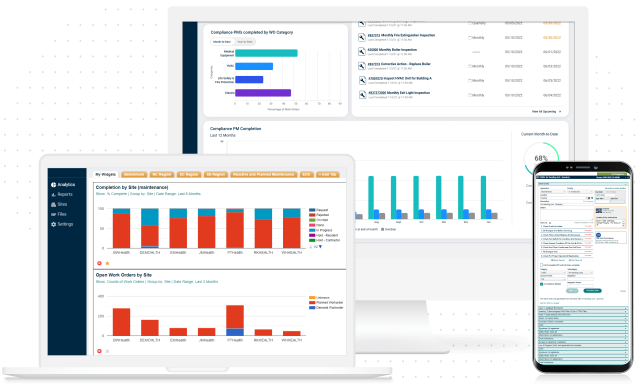 Screenshots of TheWorxHub can help hospital teams can stay organized, streamline operations, and reduce costs with a cloud-based facility management software solution on multiple devices